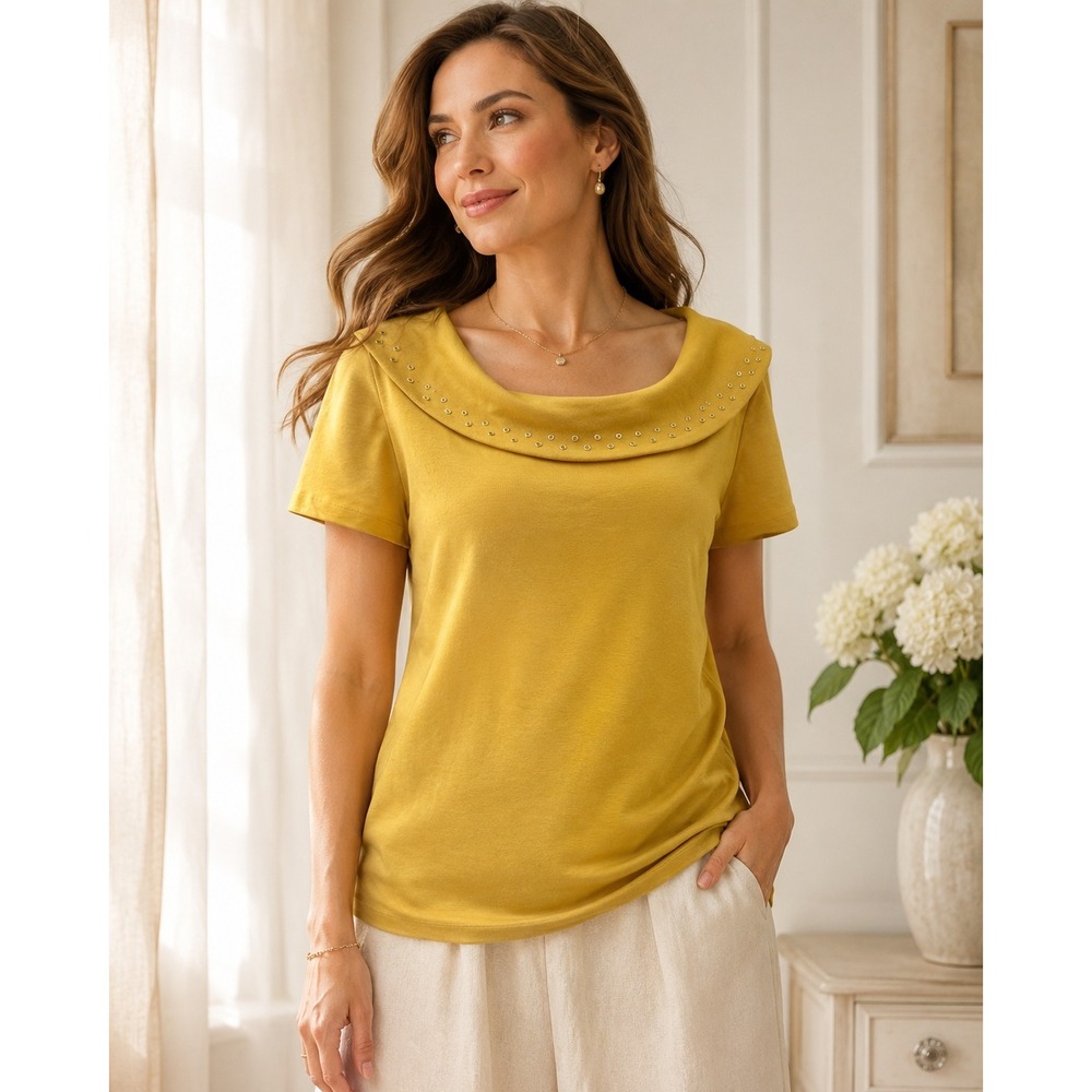 Rafaella Mustard Yellow Embellished Collar Top Large Mustard Cotton Short Sleeve